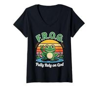 Womens F.R.O.G. Fully Rely On God Peaceful Frog V-Neck T-Shirt