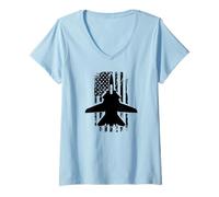 Women's F14 Tomcat US Flag Fighter Airplane Jet Plane Aircraft Pilot V-Neck T-Shirt