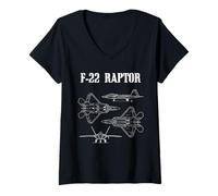 Womens F22 Raptor Blueprint American Fighters Jet Diagram V-Neck T-Shirt