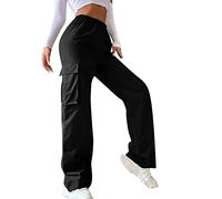 Women's Fabric Cargo Trousers, High Waist, Loose, Breathable Casual Trousers, Plain Stretch, Straight Leg Jogging Bottoms, Outdoor, Elastic Waist, Quick Drying Sports Trousers with Pockets, S-XL
