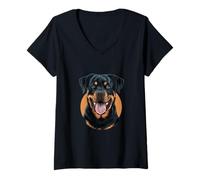 Womens Face Portrait Watercolor Painting Rott Cool Dog Rottweiler V-Neck T-Shirt