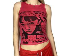 Women's Face Visible Crop Tank Top Y2k Graphic Cami Thin Sleeveless Vest Number Years E-Girl Clothing for Teen Girls - - L