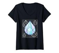 Women's Faceted Gemstone Blueprint Geometric Crystal Design V-Neck T-Shirt