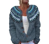 Women's Fair Isle Cardigans Button Down Long Sleeve Tops Vinage Print Crewneck Open Front Ribbed Knit Cardigans Casual Outerwear Elegant Coat Navy