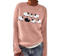 Women's Fair Isle Retro Knitted Jumpers, Cute Sheep Printed Fairisle Sweaters Loose Fit Crewneck Long Sleeve Sweatshirts Ladies Winter Comfy Pullover Tops Soft Warm Knitwear (Pink, M)