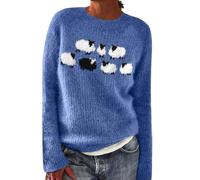 Women's Fair Isle Retro Knitted Jumpers, Cute Sheep Printed Fairisle Sweaters Loose Fit Crewneck Long Sleeve Sweatshirts Ladies Winter Comfy Pullover Tops Soft Warm Knitwear (Dark Blue, S)