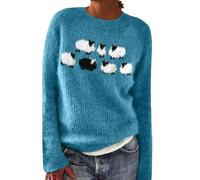 Women's Fair Isle Retro Knitted Jumpers, Cute Sheep Printed Fairisle Sweaters Loose Fit Crewneck Long Sleeve Sweatshirts Ladies Winter Comfy Pullover Tops Soft Warm Knitwear (Sky Blue, S)