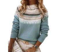 Women's Fair Isle Sweater Casual Vintage Crew Neck Knitted Sweater Cute Graphic Fall Fashion Pullover Jumper Tops, Blue, Small