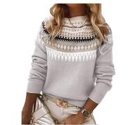 Women's Fair Isle Sweater Casual Vintage Crew Neck Knitted Sweater Cute Graphic Fall Fashion Pullover Jumper Tops, Gray, XL