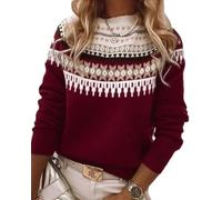 Women's Fair Isle Sweater Casual Vintage Crew Neck Knitted Sweater Cute Graphic Fall Fashion Pullover Jumper Tops, Red, L