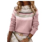 Women's Fair Isle Sweater Casual Vintage Crew Neck Knitted Sweater Cute Graphic Fall Fashion Pullover Jumper Tops, Pink, M