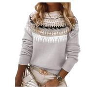 Women's Fair Isle Sweater Casual Vintage Crew Neck Knitted Sweater Cute Graphic Fall Fashion Pullover Jumper Tops, Gray, L