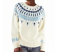 Women's Fair Isle Sweater Vintage Long Sleeve Printed Pullover Ladies Warm Jumpers Casual Round Neck Sweatshirt Teddy Fluffy Tunic Top Loose Solid Color Autumn Winter Hoody Coat Beige