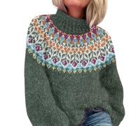 Women's Fair Isle Turtleneck Knitted Sweater - Retro 3D Ribbed Pullover Jumper Thick Warm Knitwear Soft Cozy High Neck Top for Autumn Winter Outfits, Ladies Nordic Knit Top UK