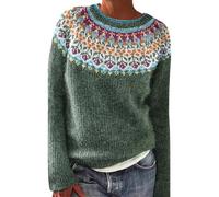 Womens Fairisle Jumpers Crew Neck Long Sleeve Wool Sweaters for Women Autumn and Winter Retro Knit Pullover Tops Classy Nordic Knitwear Girls Fairisle Jumper Ladies Christmas Jumpers Sweatshirt