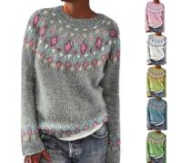 Womens Fairisle Jumpers Crew Neck Long Sleeve Wool Sweaters for Women Autumn and Winter Retro Knit Pullover Tops Classy Nordic Knitwear Girls Fairisle Jumper Ladies Christmas Jumpers Sweatshirt