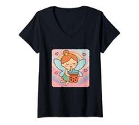 Womens Fairy Bubble Tea Lover Cute Anime Kawaii Rainbow V-Neck T-Shirt