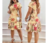 Women's Fairy Dress Summer Soft Rose Print Ruffled Design Versatile Elegant Mini Dress, Yellow, Medium