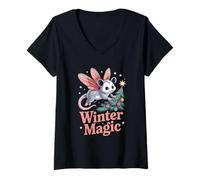 Womens Fairy Opossum Winter Magic V-Neck T-Shirt