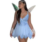 Women's Fairy Princess Costume Tinkerbell Forest Fairy Costume Halloween Pretty Pixie Princess Cosplay Tube Tops Dress with Wings (Standard, S, A-Blue)