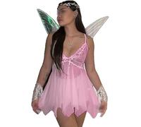 Women's Fairy Princess Costume Tinkerbell Forest Fairy Costume Halloween Pretty Pixie Princess Cosplay Tube Tops Dress with Wings (Standard, L, A-Pink)