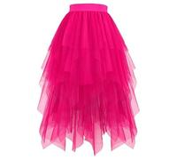 Women's Fairy Tutu Skirt, A-Line Elastic High Waist Tiered Layered Mesh Midi Skirt with Irregular Asymmetric Hem for Wedding Prom Party Halloween Ballet, Fluffy Calf Length Pleated Tulle Hot Pink