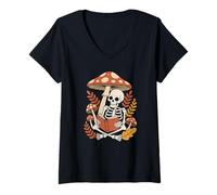 Women's Fairycore Bookish Skeleton Reading Under A Wild Mushroom V-Neck T-Shirt