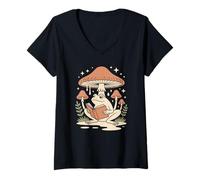 Women's Fairycore Botanical Reader Frog Relaxing by a Quiet Pond V-Neck T-Shirt