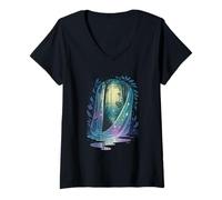 Womens Fairycore Faerie Veil Portal With Magical Forest Curtain V-Neck T-Shirt