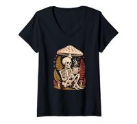 Women's Fairycore Skeleton Holding a Coffee Mug Among Wild Flora V-Neck T-Shirt