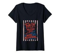 Women's Faith As Small As A Mustard Seed Move Mountains Christian V-Neck T-Shirt