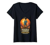 Womens Faith-Based Design | Rooted and Rising Colossians 2:7 V-Neck T-Shirt
