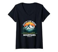 Womens Faith Can Move Mountains Matthew 17:20 Hiking Christian V-Neck T-Shirt