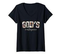 Womens Faith Floral Varsity Boho Chamomile Text God's V-Neck T-Shirt