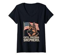 Womens Faith Freedom Shepherd German Shepherd USA Flag Patriotic V-Neck T-Shirt