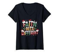 Womens Faith Hits Different Christian Christmas V-Neck T-Shirt