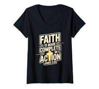 Womens Faith is Made Complete in Action James 2:22 Cross of Christ V-Neck T-Shirt
