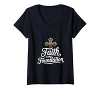 Women's Faith is My Foundation Christian Script Cross V-Neck T-Shirt