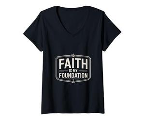 Women's Faith is My Foundation Christian Typography V-Neck T-Shirt