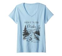 Womens Faith it 'Till You Make it 2 Cor 5:7 Christian Faith Camping V-Neck T-Shirt