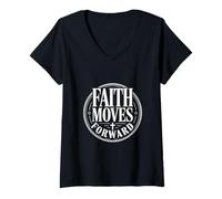 Women's Faith Moves Forward Christian Motivation Typography V-Neck T-Shirt