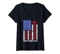Womens Faith Over Faer American Flag Cross Christian Patriotic V-Neck T-Shirt