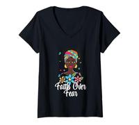 Womens Faith Over Fear Afrocentric Headwrap V-Neck T-Shirt