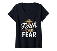 Womens Faith Over Fear Bible Verse Inspired Christian Men Women Kid V-Neck T-Shirt