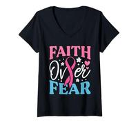 Womens Faith Over Fear Breast Cancer Awareness Survivor & Fighter V-Neck T-Shirt