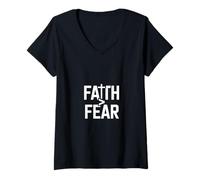 Womens Faith Over Fear Christian Cross Courage Message V-Neck T-Shirt