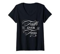 Womens Faith Over Fear Elegant Script Inspirational Design V-Neck T-Shirt