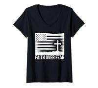 Womens Faith Over Fear Grunge American Flag Cross Christian V-Neck T-Shirt