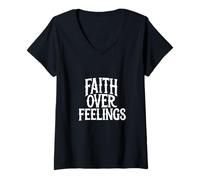 Womens Faith Over Feelings Christian V-Neck T-Shirt