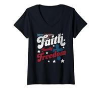 Womens Faith Over Freedom Patriotic Christian Inspirational USA V-Neck T-Shirt